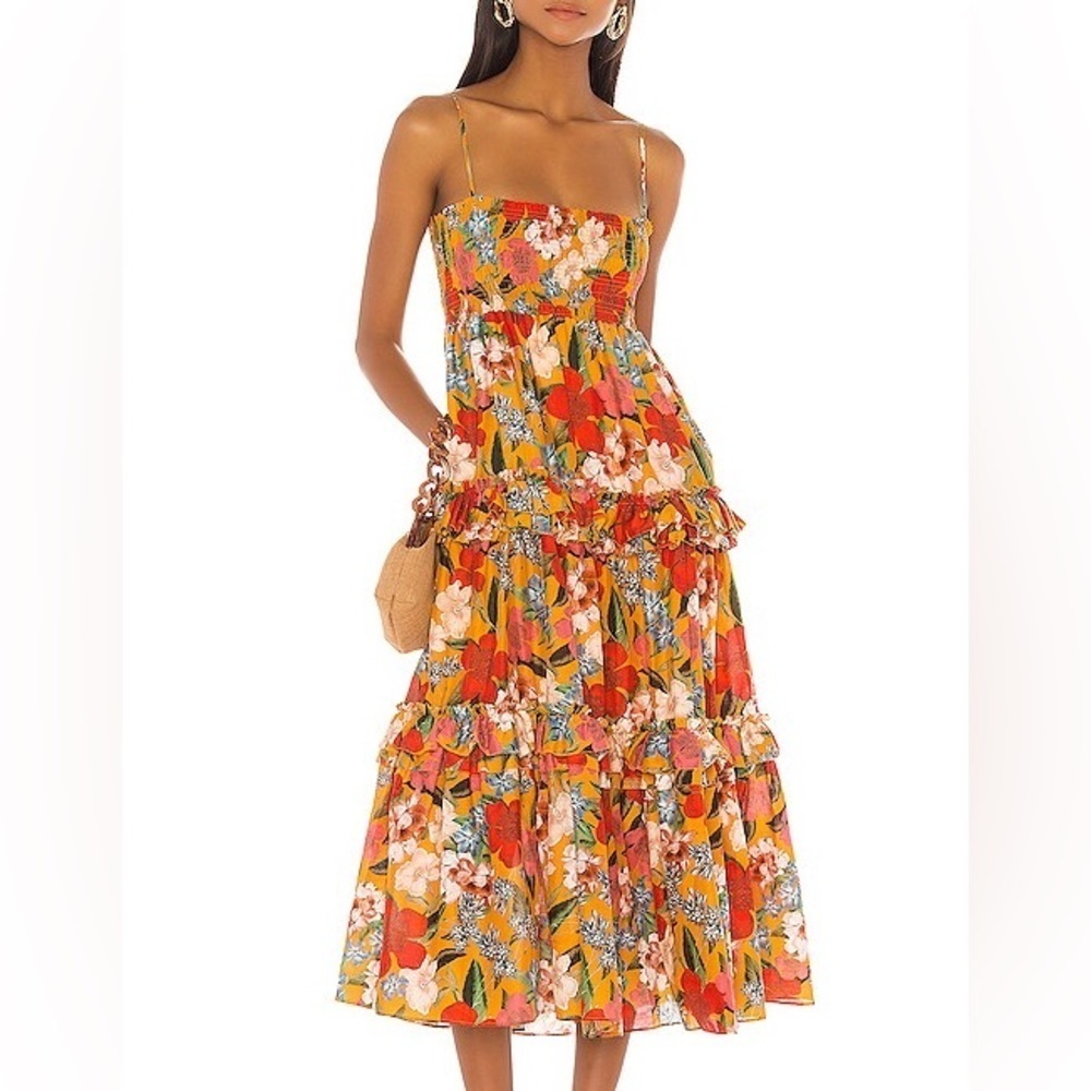 Nicholas Floral Printed Tiered Ruffle Smocked Prairie Sleeveless Midi Dress 12